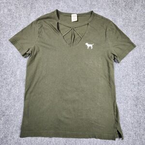 Victoria's Secret PINK Olive Green Strappy V-Neck Graphic T-Shirt Medium